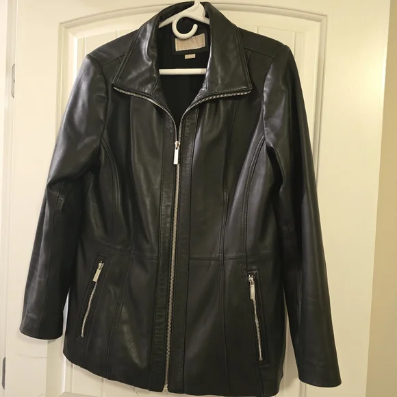 Michael Kors Black Genuine Leather Zip-Front Jacket – Size Large - EUC - Picture 3 of 6